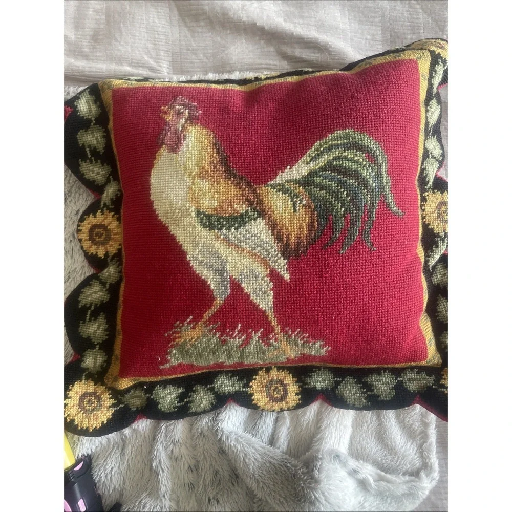 Needlepoint Rooster Throw Pillow French Country Zipper Closure Farm House